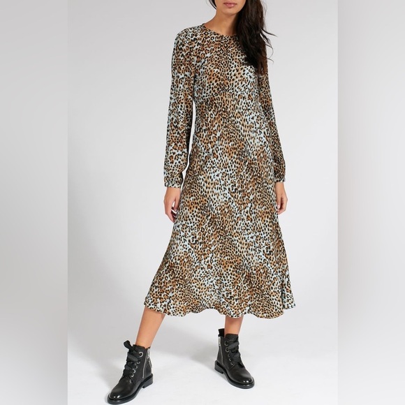 Ragdoll Leopard Animal Print Long Sleeve Midi Dress Safari Hipster Boho Western - Picture 9 of 9